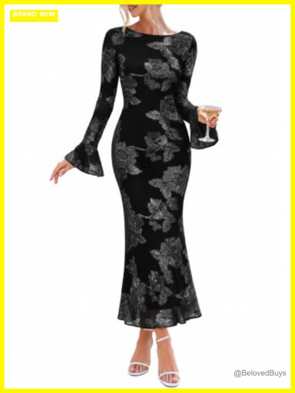 Floral Embroidered Mesh Maxi Dress Long Bell Sleeve Bodycon Gown